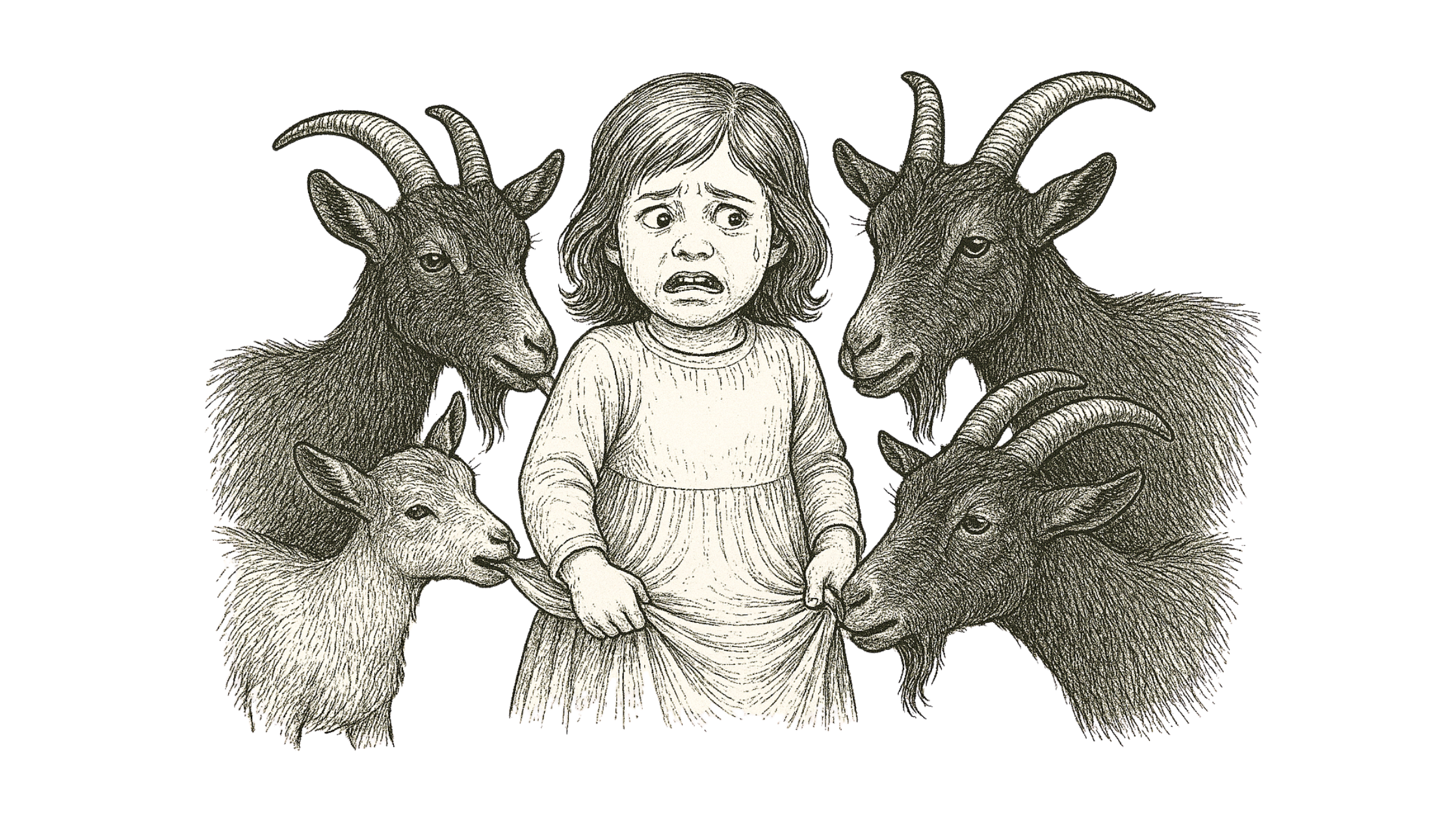 Pen-and-ink illustration of a distressed little girl, about five years old, surrounded by four goats. The goats tug and chew on her dress from multiple sides, while she looks alarmed and tearful. The detailed linework emphasizes the texture of the goats’ fur and the folds of the girl’s clothing, with no background to distract from the scene.