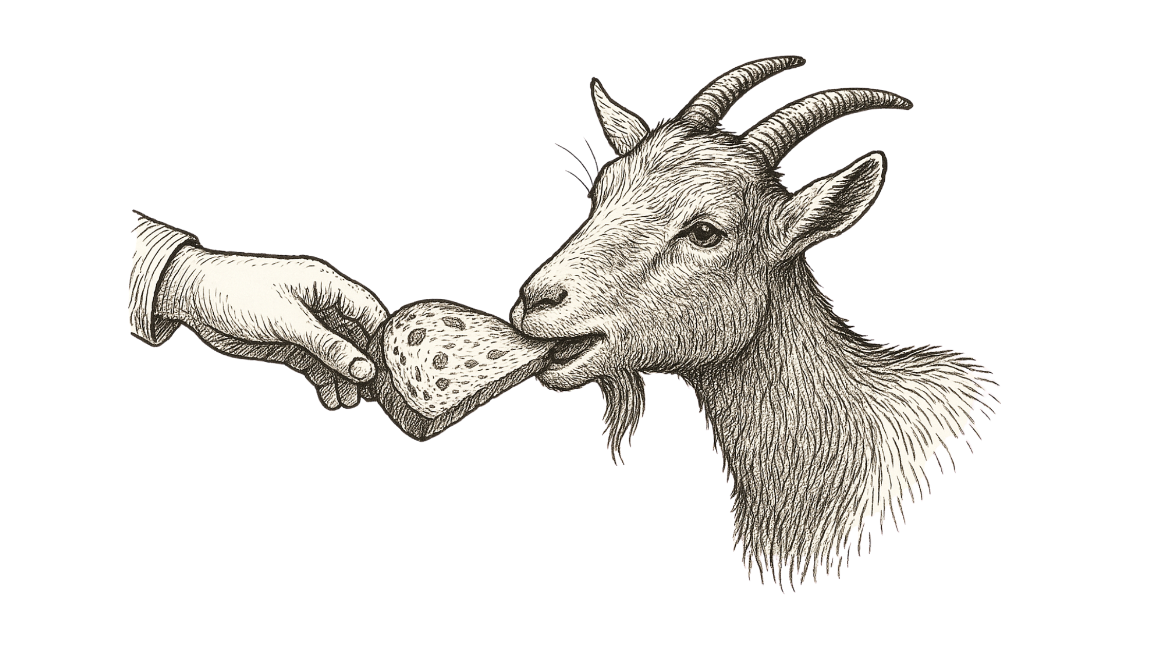 Pen-and-ink illustration of an outstretched human hand feeding a slice of sourdough bread to a goat. The goat’s head is shown in profile, gently biting the bread, with detailed cross-hatching emphasizing the fur, horns, and texture of the bread. The image has no background, focusing attention on the quiet exchange between hand and animal.